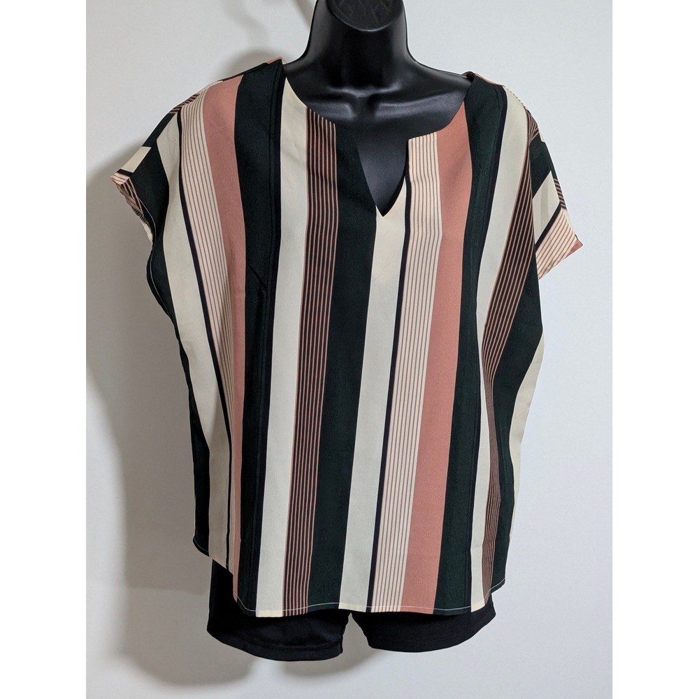 Shein Striped Blouse V-Neck Short Sleeve Casual Top Womens Size L